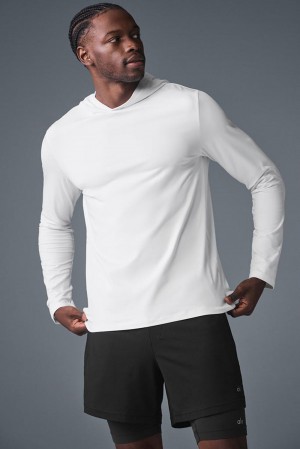 Men Alo Yoga Conquer Reform With Hood Long Sleeve White | India 74218-SFWC