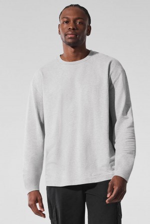 Men Alo Yoga Double Take Crew Long Sleeve Athletic Heather Grey | India 53947-SVMZ