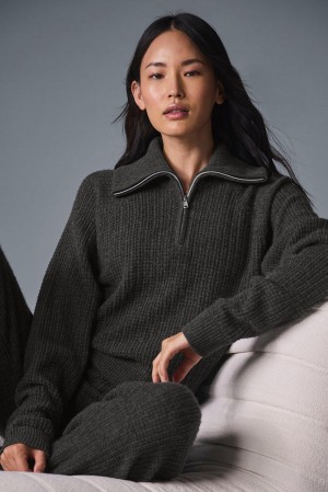 Women Alo Yoga Cashmere Plush Waffle 1/4 Zip Pullover Dark Heather Grey | India 89251-NSKX