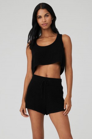 Women Alo Yoga Cashmere Plush Waffle Cropped Tank Black | India 82546-NAFS