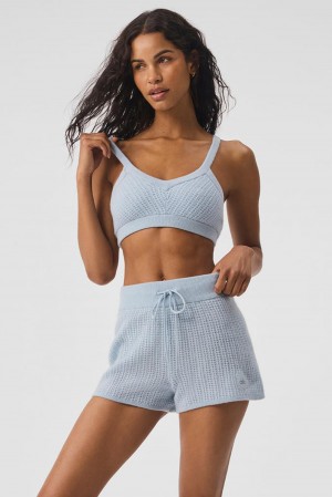 Women Alo Yoga Cashmere Plush Waffle V-Neck Bra Crystal Blue | India 14260-CTNM