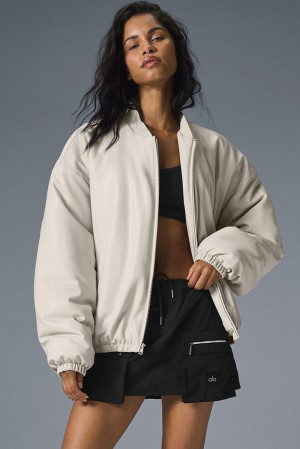 Women Alo Yoga Faux Leather Premier Bomber Jacket Bone | India 05849-NVGQ