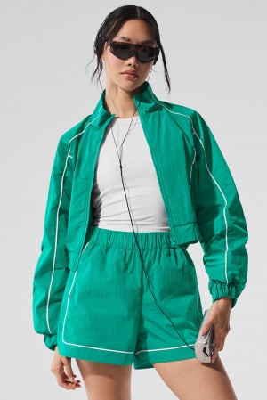Women Alo Yoga Motivate Full-Zip Track Jacket Spruce Green / White | India 18025-DCSX