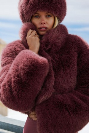 Women Alo Yoga Opulent Faux Fur Cropped Jacket Burgundy Truffle | India 78064-LVEF