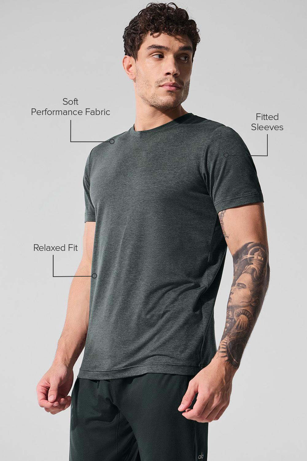 Men Alo Yoga Conquer Reform Crewneck Short Sleeve Charcoal Green Heather | India  53761-VBPM
