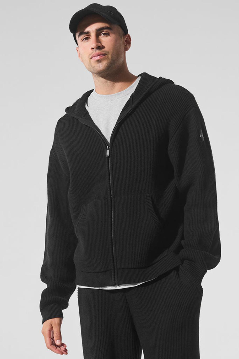 Men Alo Yoga Domain Rib Knit Full Zip Sweater Black | India  09358-LBST