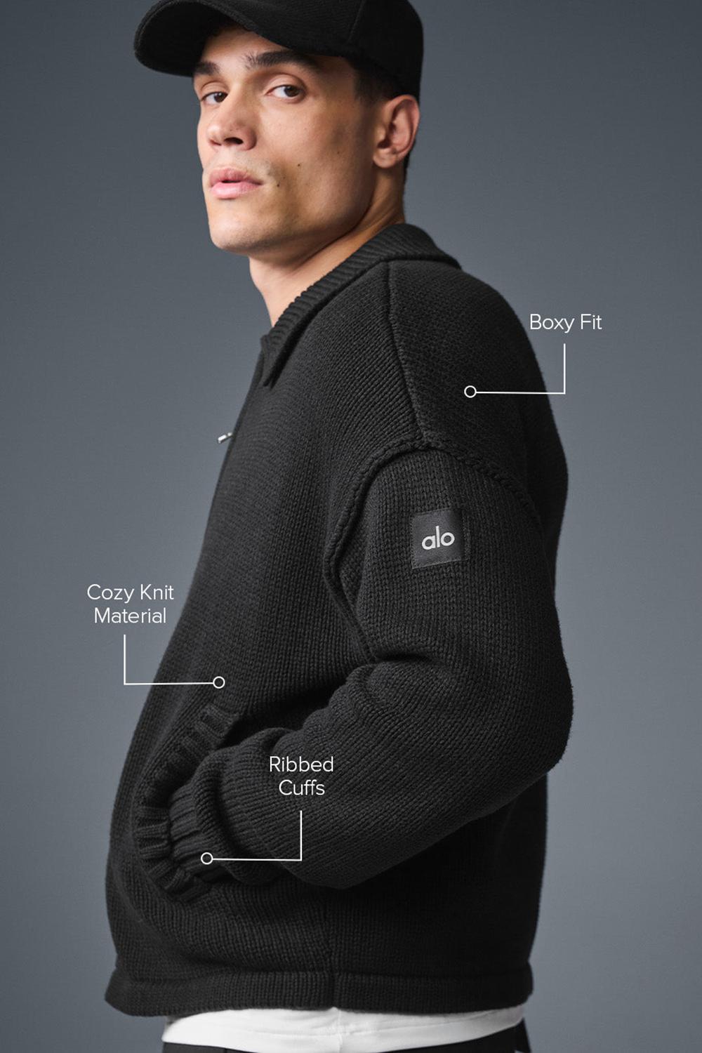 Men Alo Yoga Heritage Full Zip Sweater Black | India  70942-YWTK