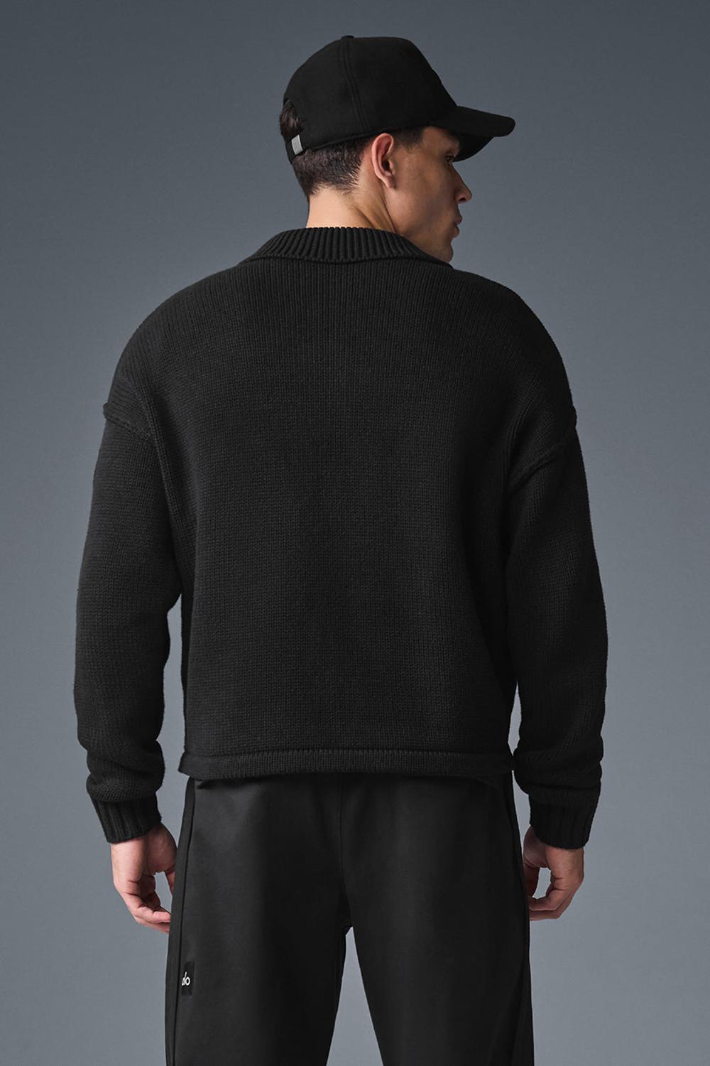 Men Alo Yoga Heritage Full Zip Sweater Black | India  70942-YWTK