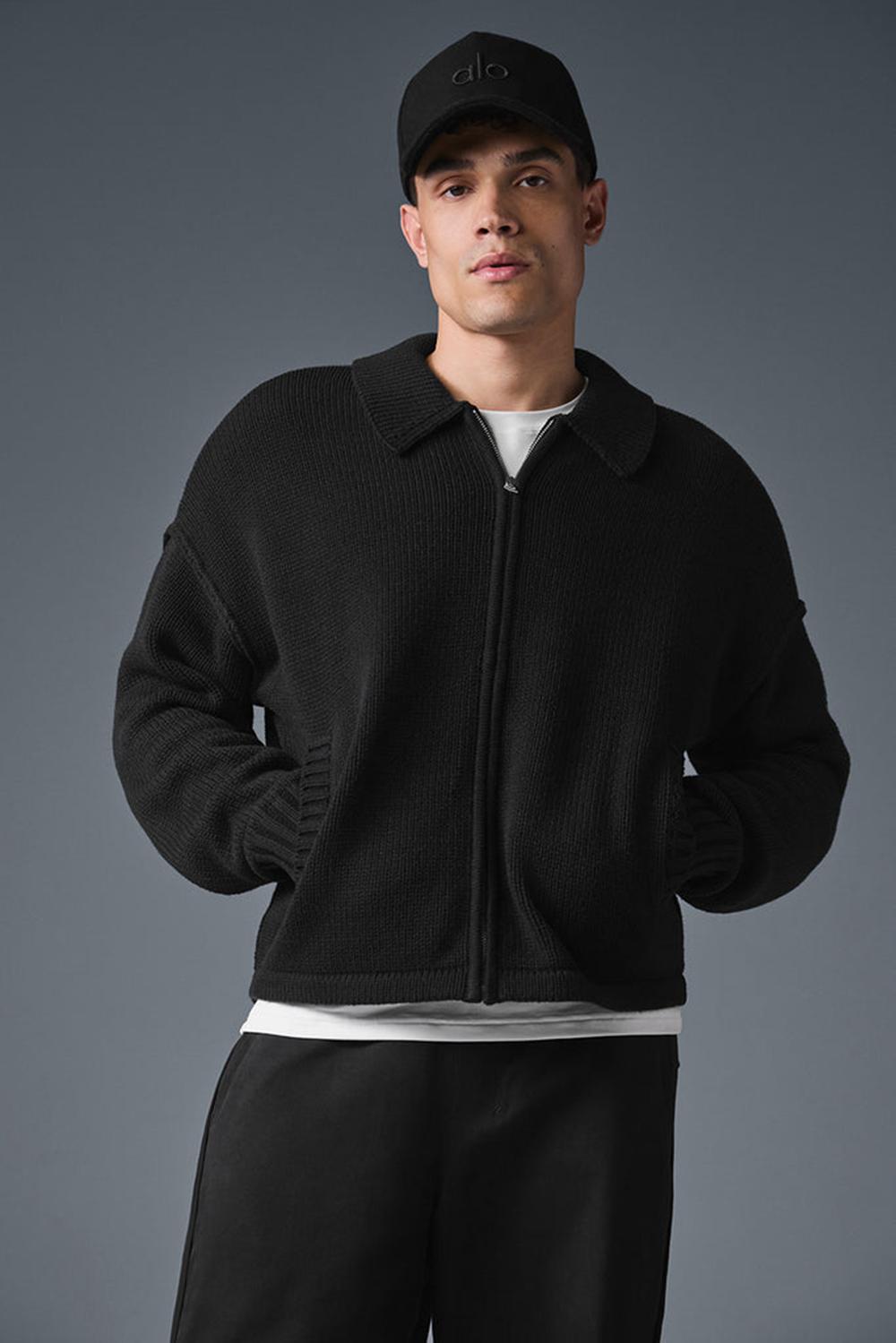 Men Alo Yoga Heritage Full Zip Sweater Black | India  70942-YWTK