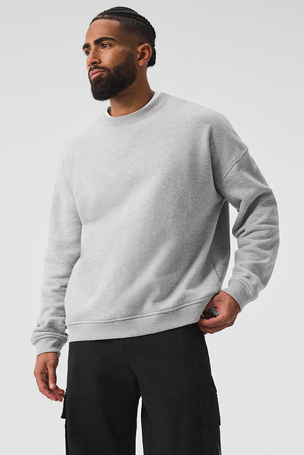 Men Alo Yoga Renown Heavy Weight Crew Neck Pullover Athletic Heather Grey | India  51234-UHGC