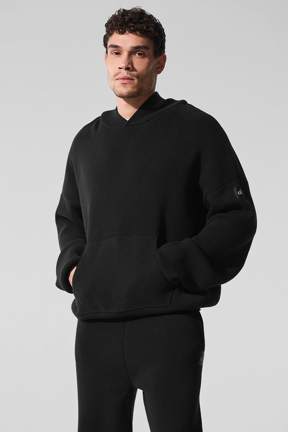 Men Alo Yoga Scholar Hooded Sweater Black | India  35948-QVNP