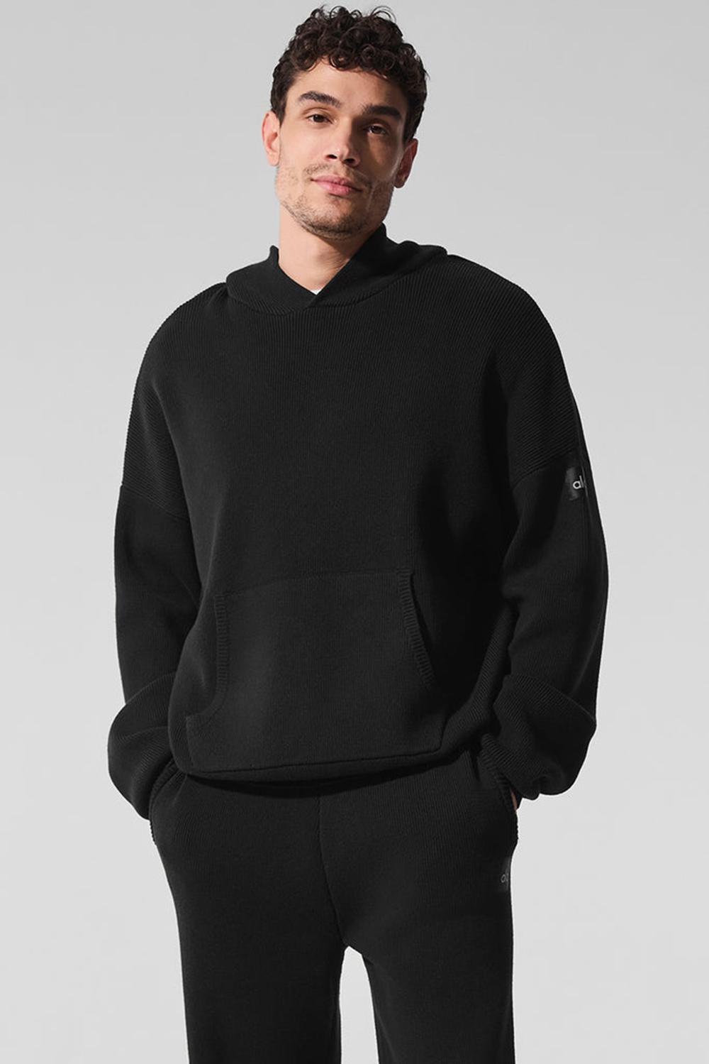 Men Alo Yoga Scholar Hooded Sweater Black | India  35948-QVNP