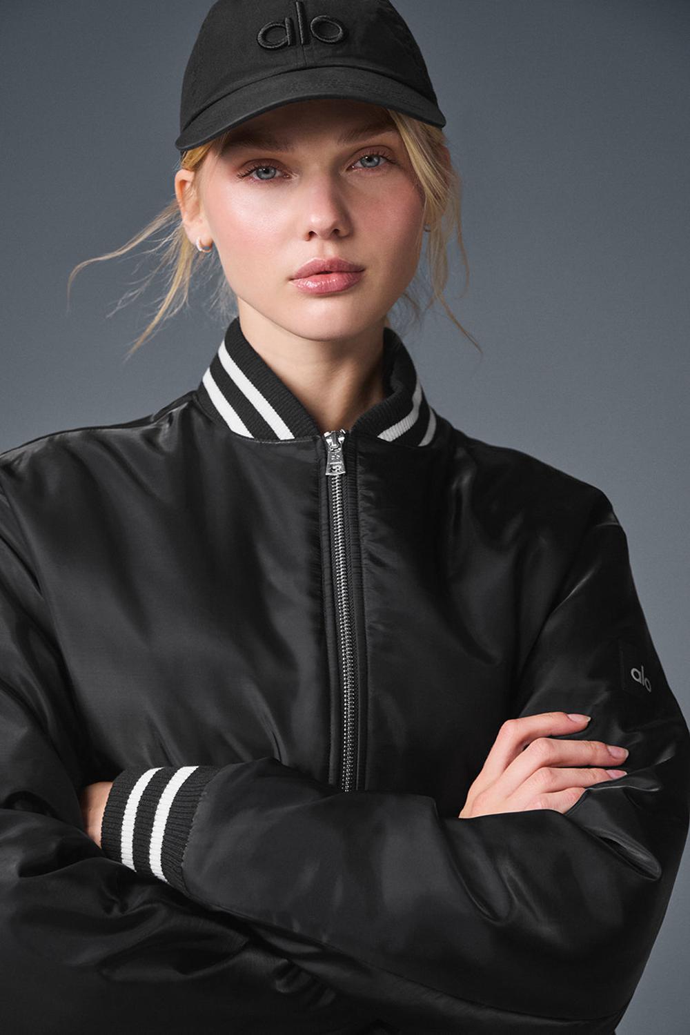 Women Alo Yoga Afterglow Varsity Jacket Black | India  29608-RGEJ