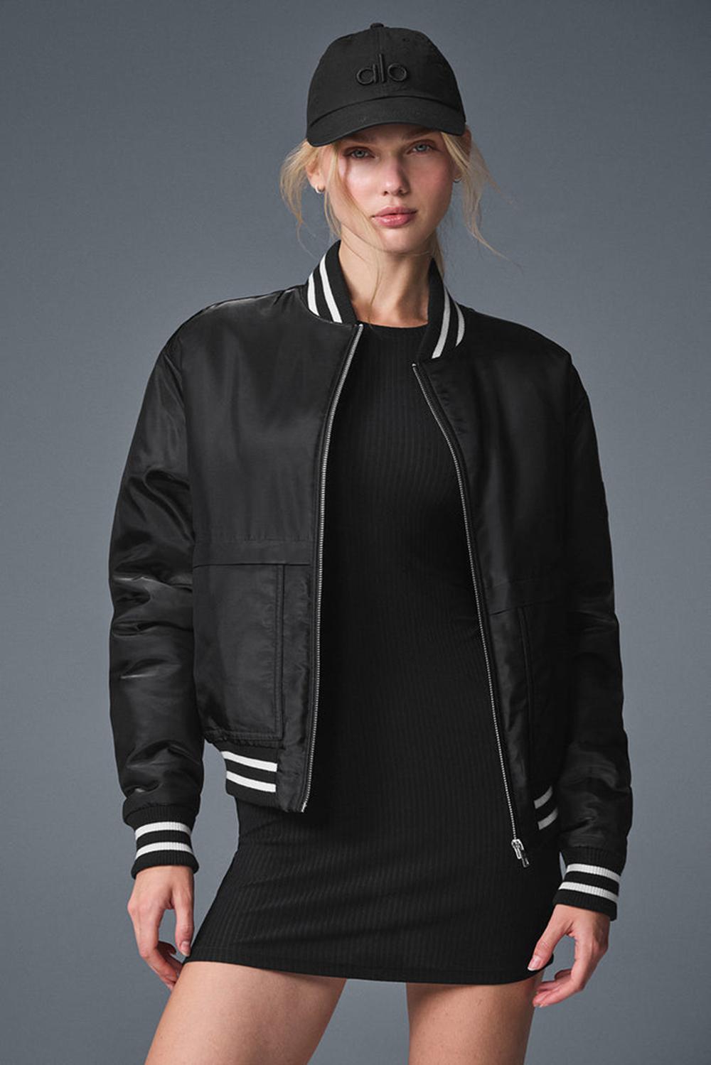 Women Alo Yoga Afterglow Varsity Jacket Black | India  29608-RGEJ