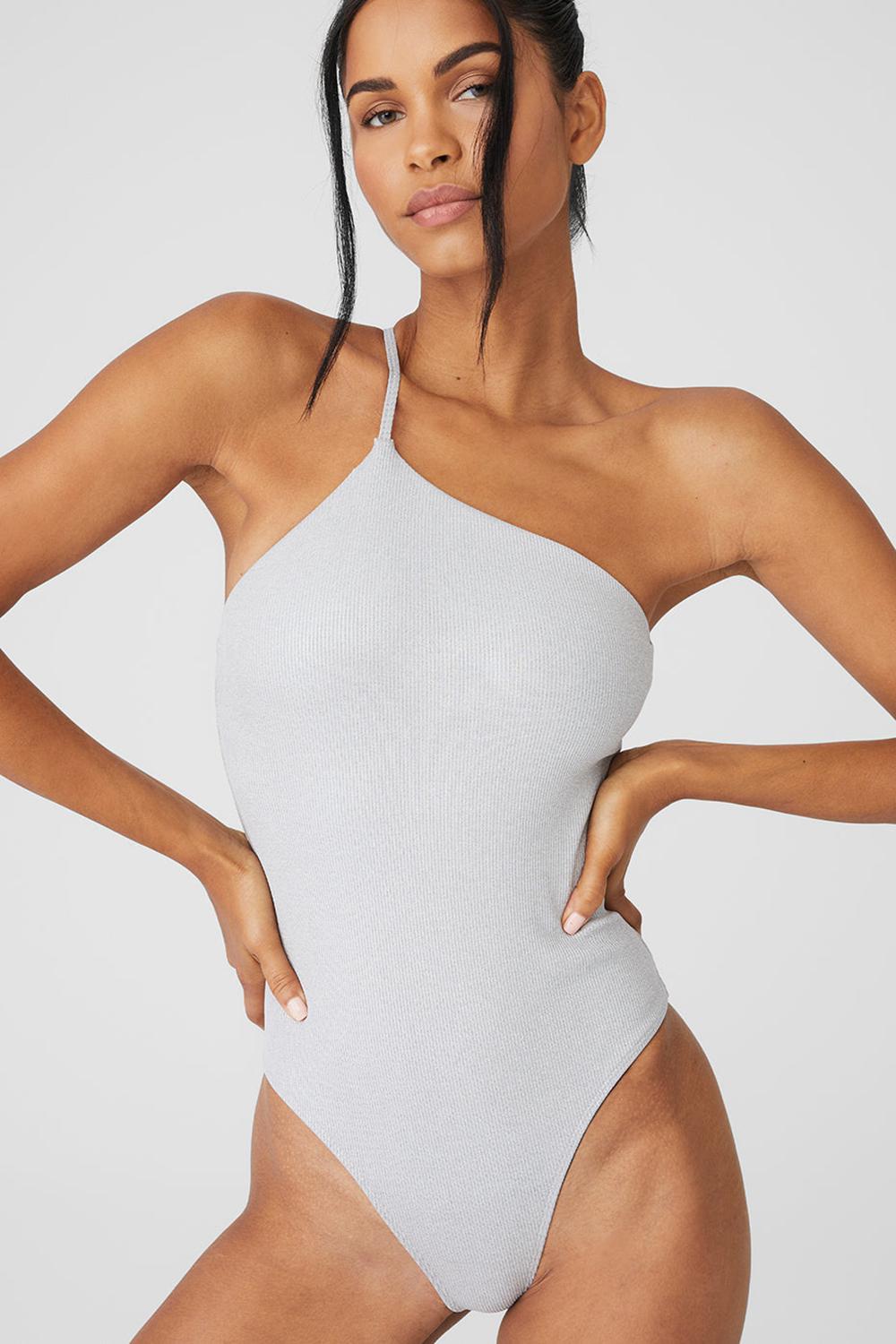 Women Alo Yoga Alosoft Ribbed Shimmer Plie Bodysuit Light Grey Iridescent | India  03178-IJOP