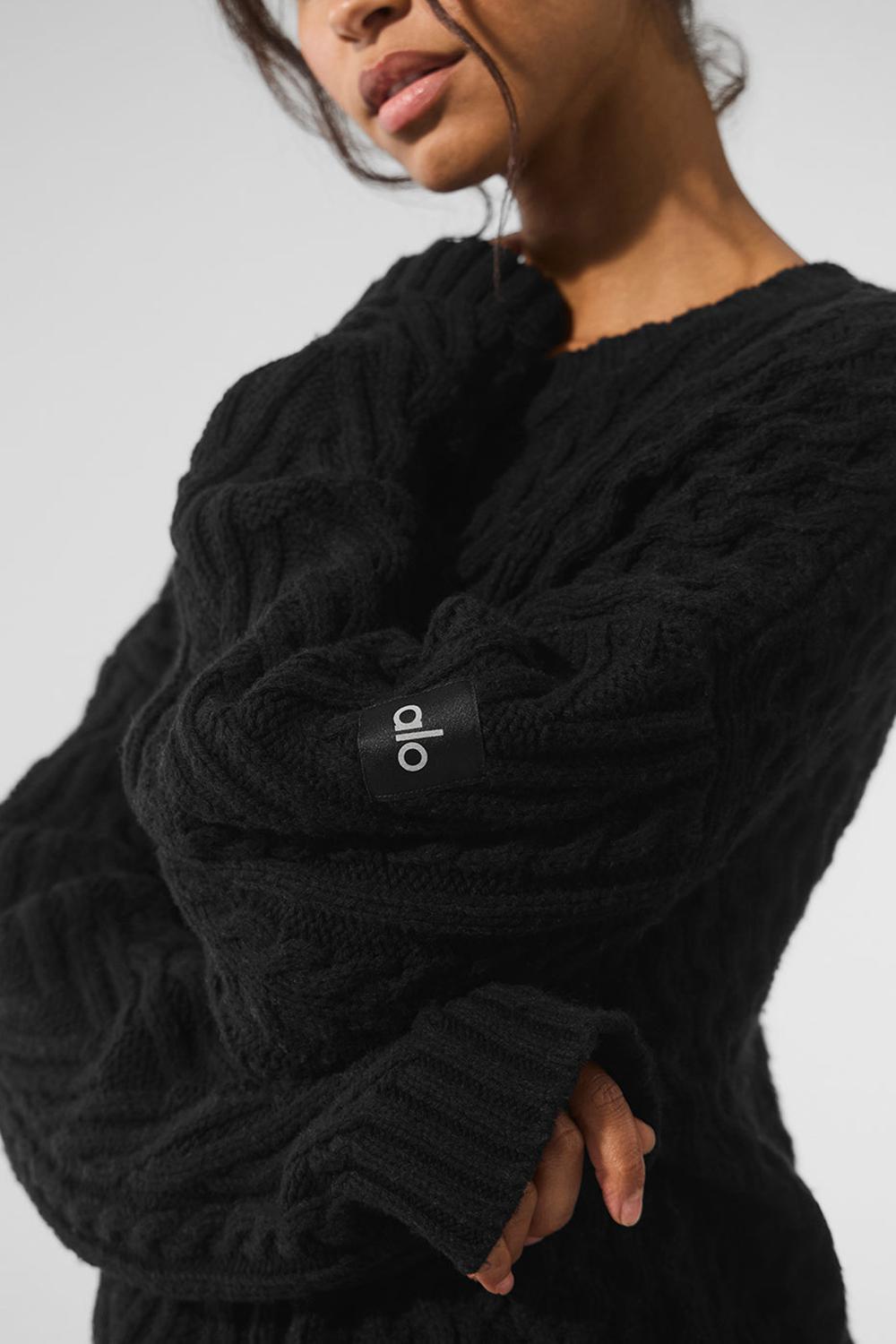 Women Alo Yoga Cable Knit Crew Neck Sweater Black | India  30871-QMEW