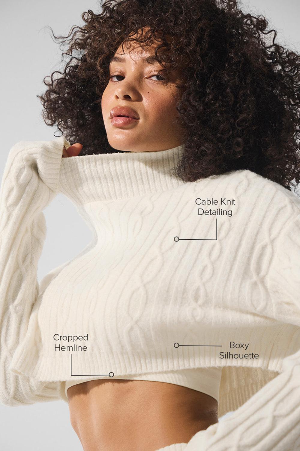 Women Alo Yoga Cable Knit Cropped Winter Bliss Turtleneck Long Sleeve Ivory | India  21946-OINR