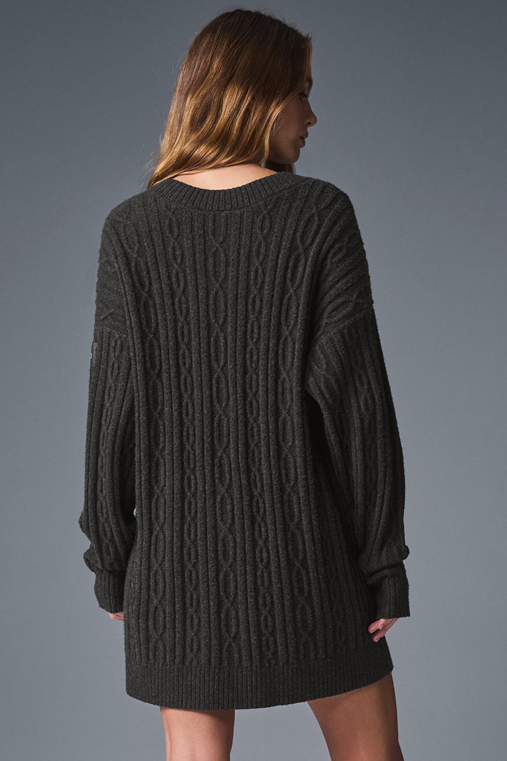 Women Alo Yoga Cable Knit Winter Bliss Cardigan Dark Heather Grey | India  21389-OMWA
