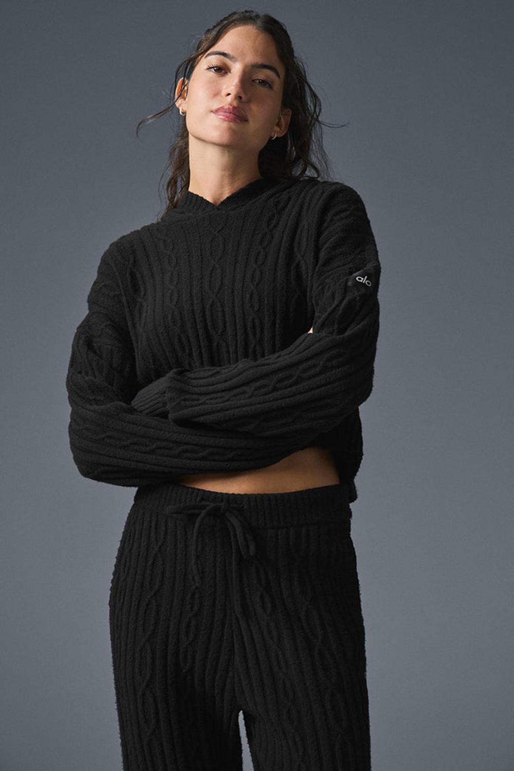 Women Alo Yoga Cable Knit Winter Bliss Hoodie Black | India  18509-PMKA
