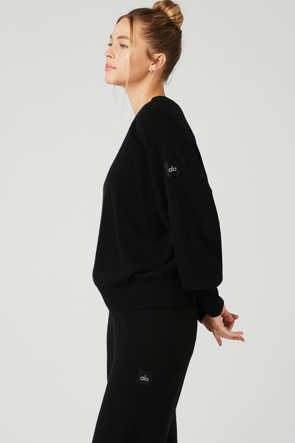 Women Alo Yoga Cashmere Jet Set Crew Sweatshirt Black | India  13290-GWJO