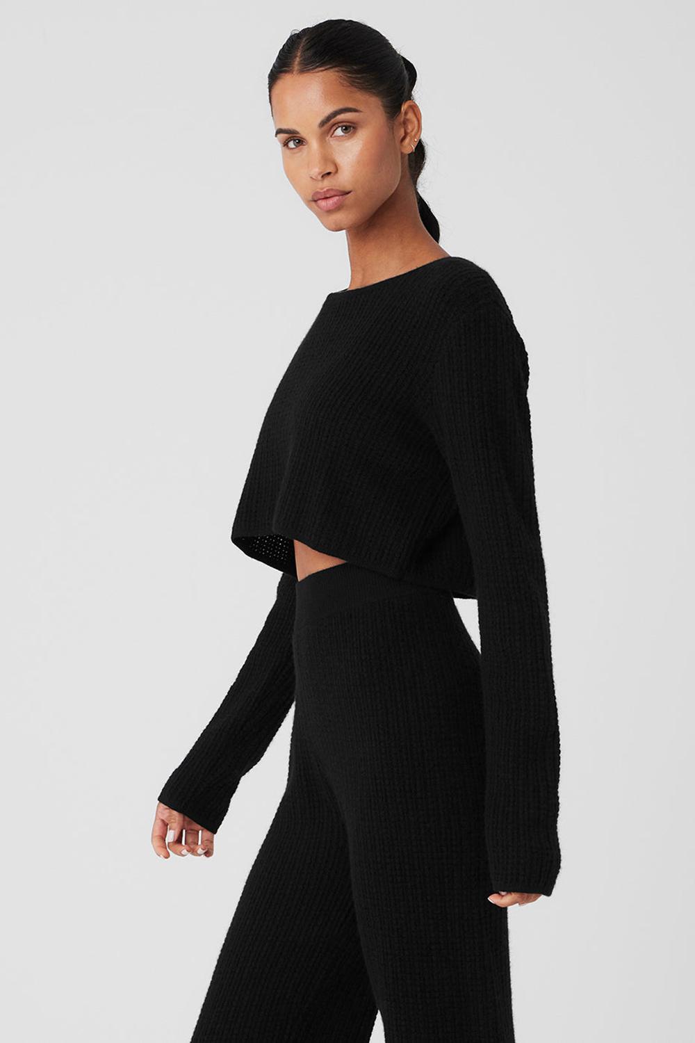Women Alo Yoga Cashmere Plush Waffle Cropped Long Sleeve Black | India  54039-YLPX