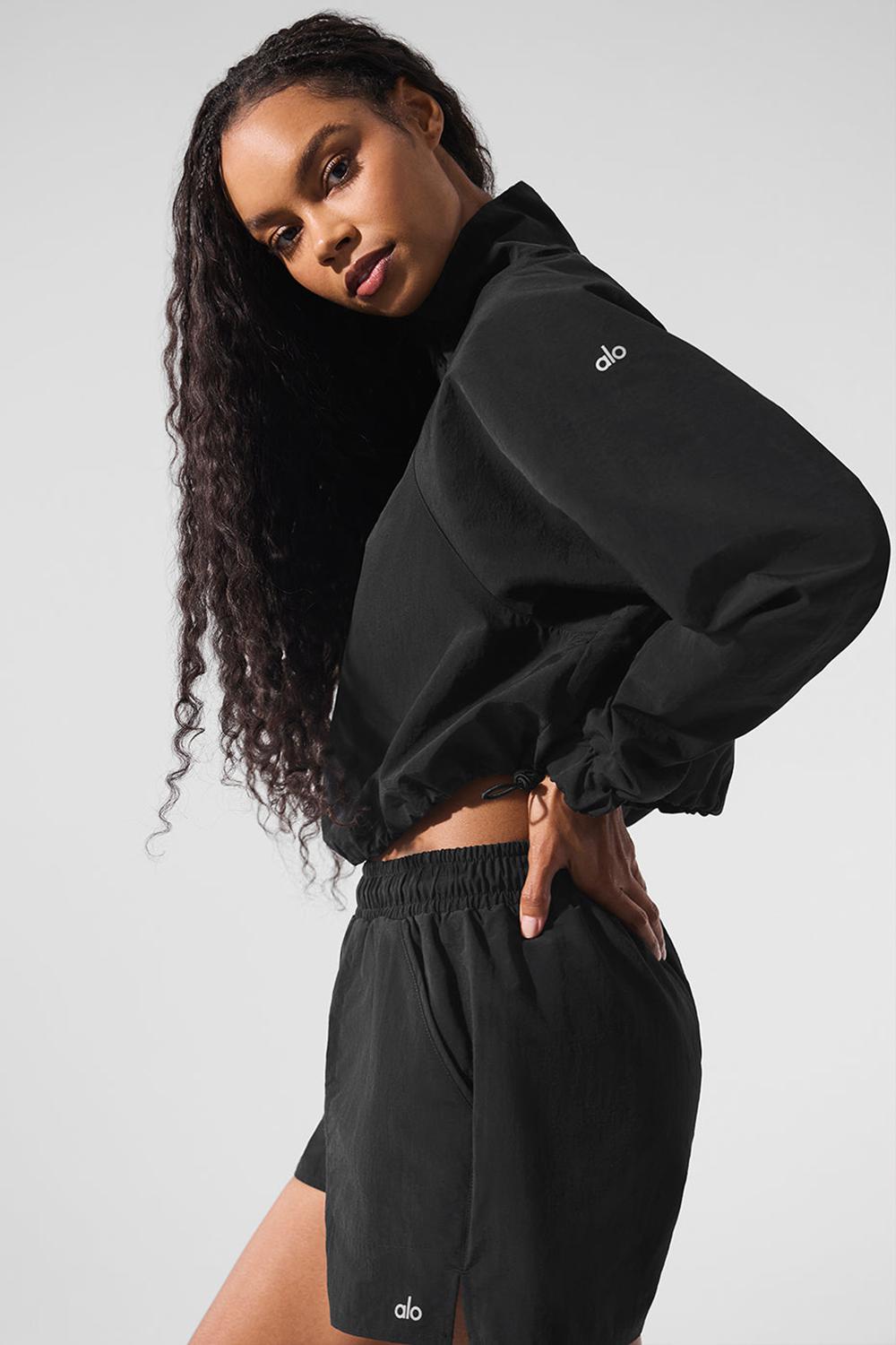 Women Alo Yoga Cropped 1/4 Zip Alumni Pullover Black | India  54217-QOYF