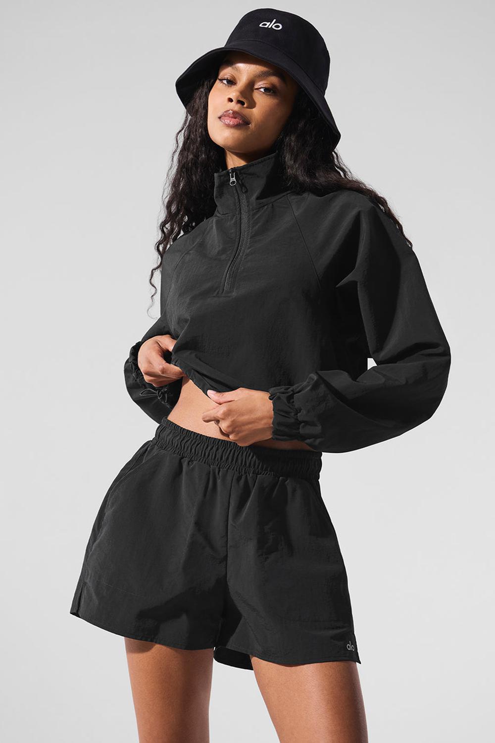 Women Alo Yoga Cropped 1/4 Zip Alumni Pullover Black | India  54217-QOYF