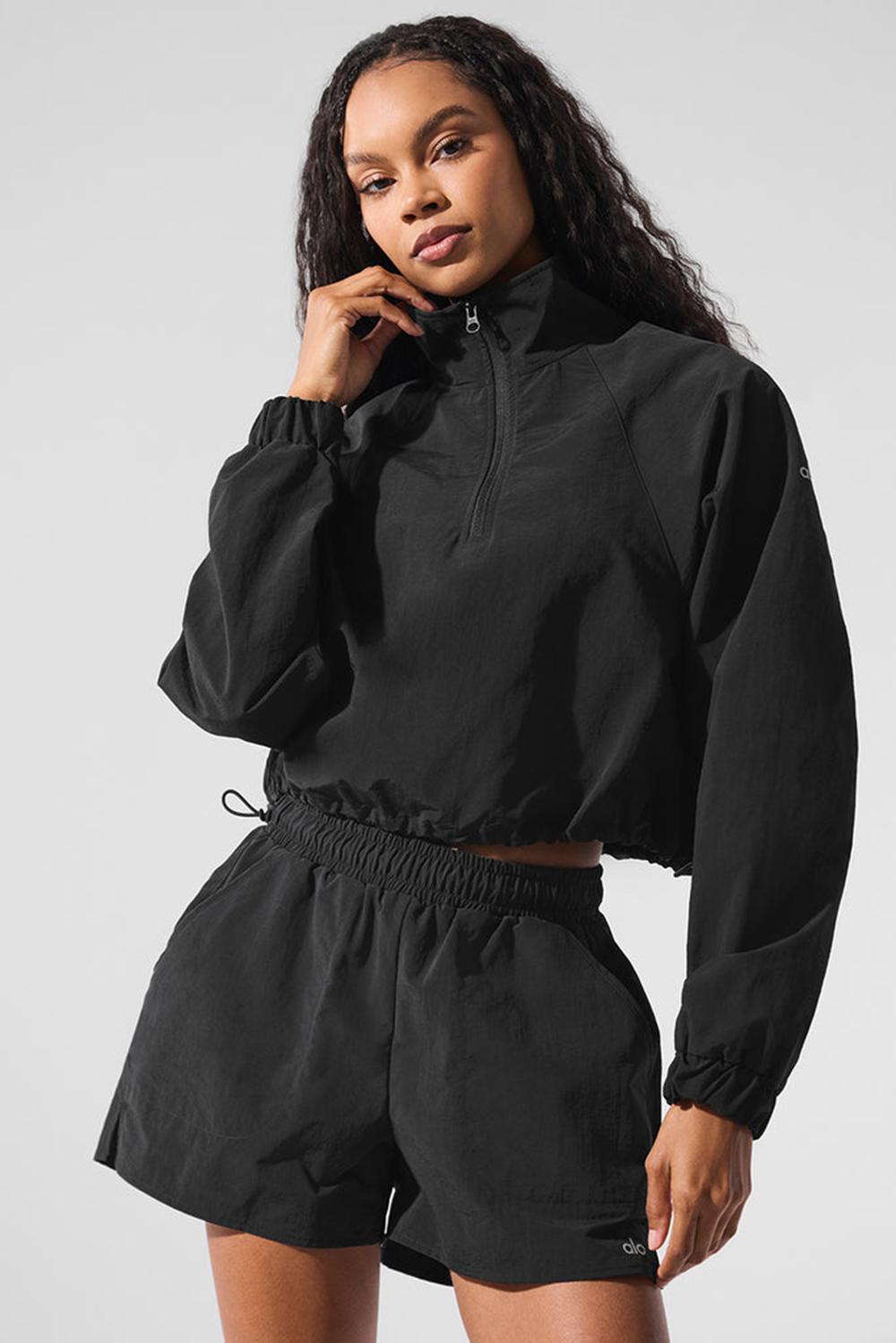 Women Alo Yoga Cropped 1/4 Zip Alumni Pullover Black | India  54217-QOYF