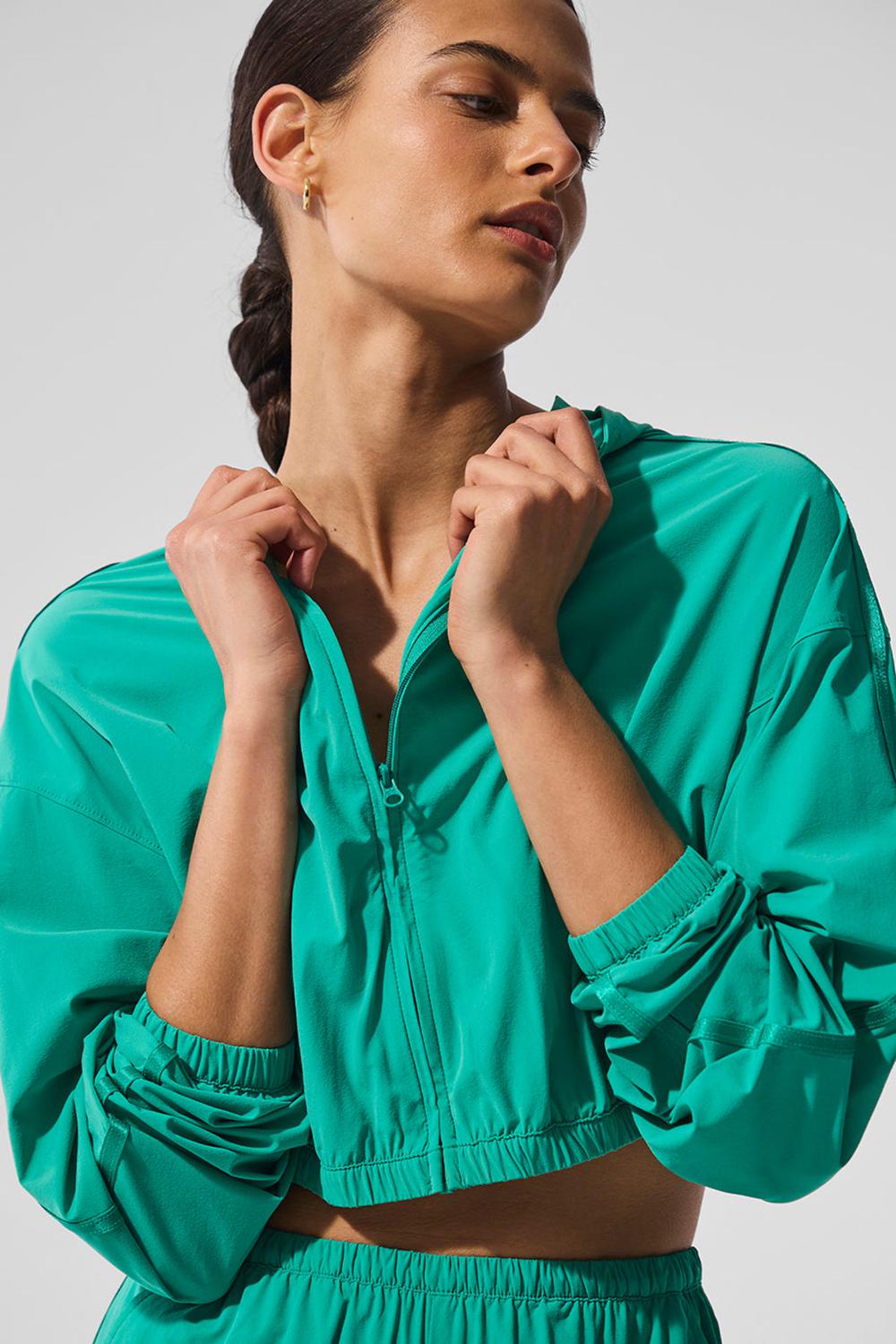 Women Alo Yoga Cropped Breezy Full-Zip Hoodie Spruce Green | India  98720-JQNC