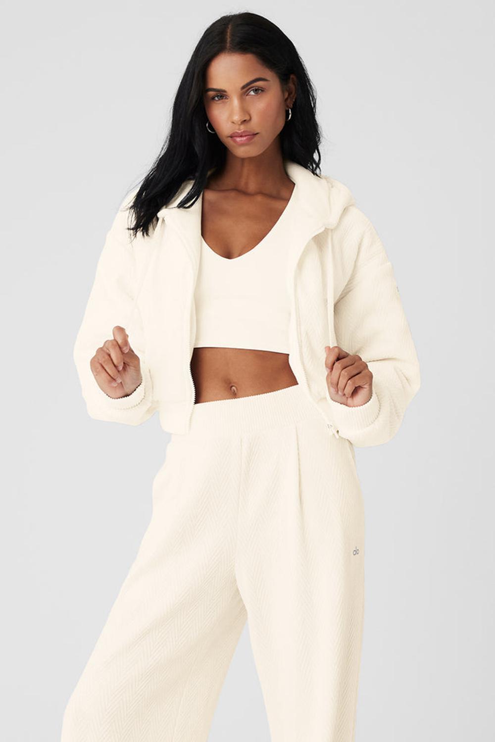 Women Alo Yoga Cropped Cozy Day Full Zip Jacket Ivory | India  03576-VUES