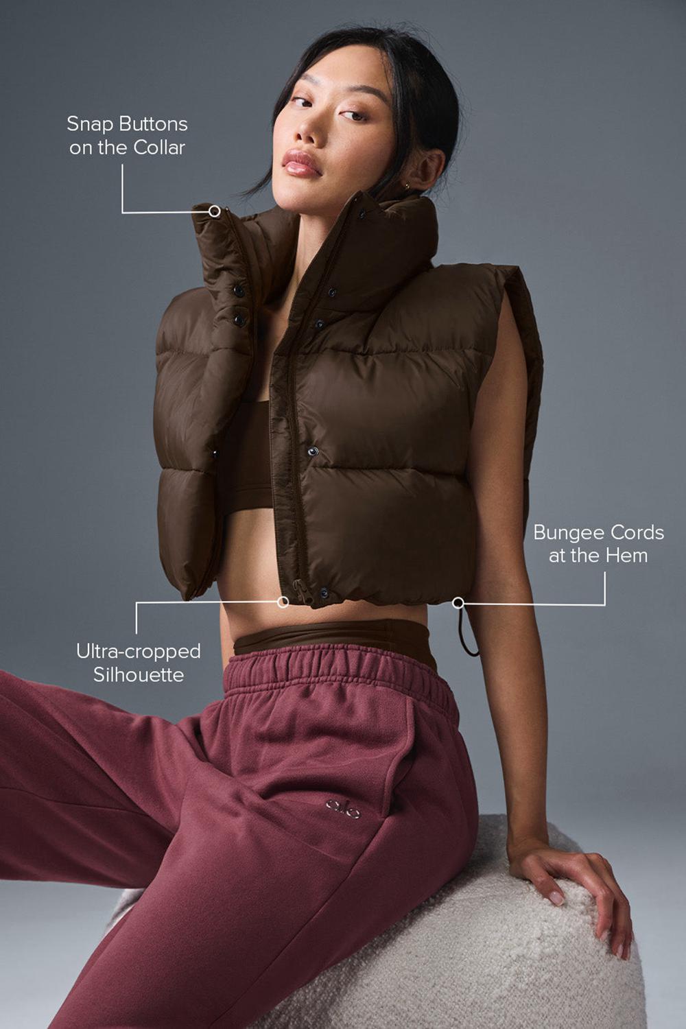 Women Alo Yoga Cropped Gold Rush Puffer Vest Espresso | India  23089-JYTI