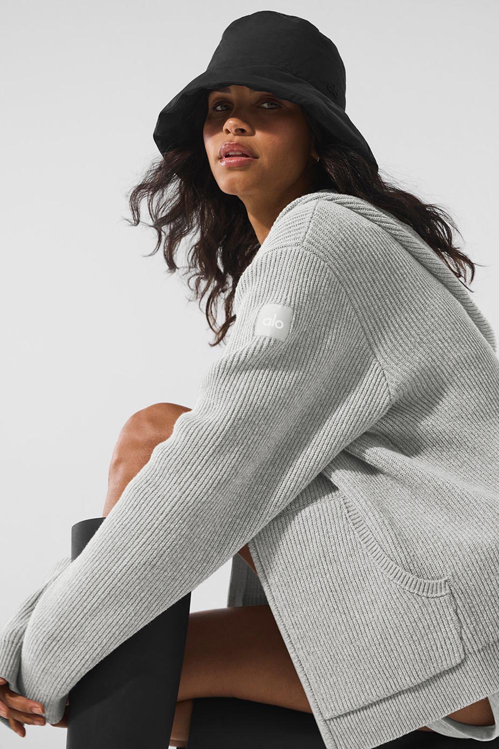 Women Alo Yoga Domain Rib Knit Full Zip Sweater Athletic Heather Grey | India  63871-AKPT