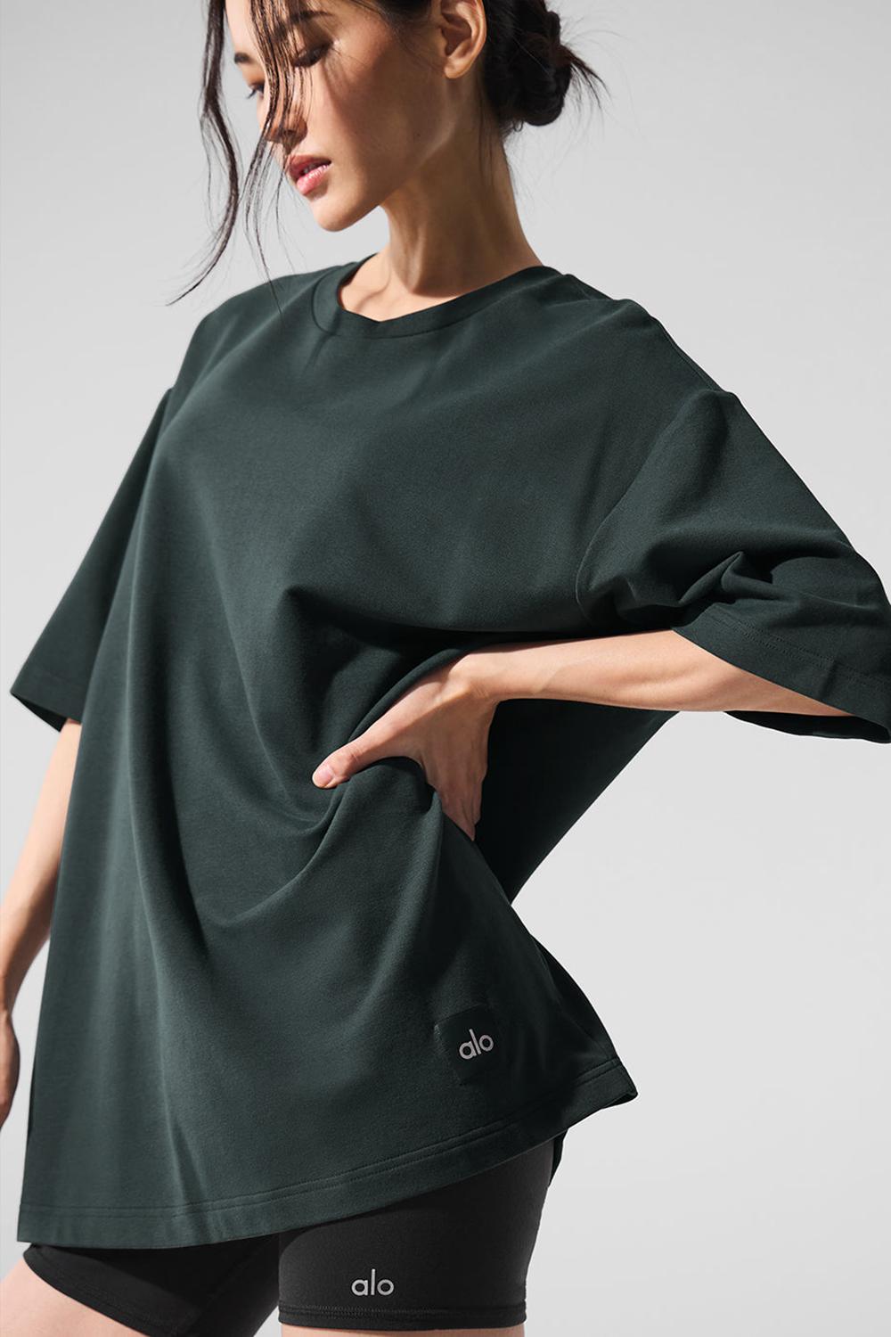 Women Alo Yoga Double Take Short Sleeve Charcoal Green | India  50186-JYHX
