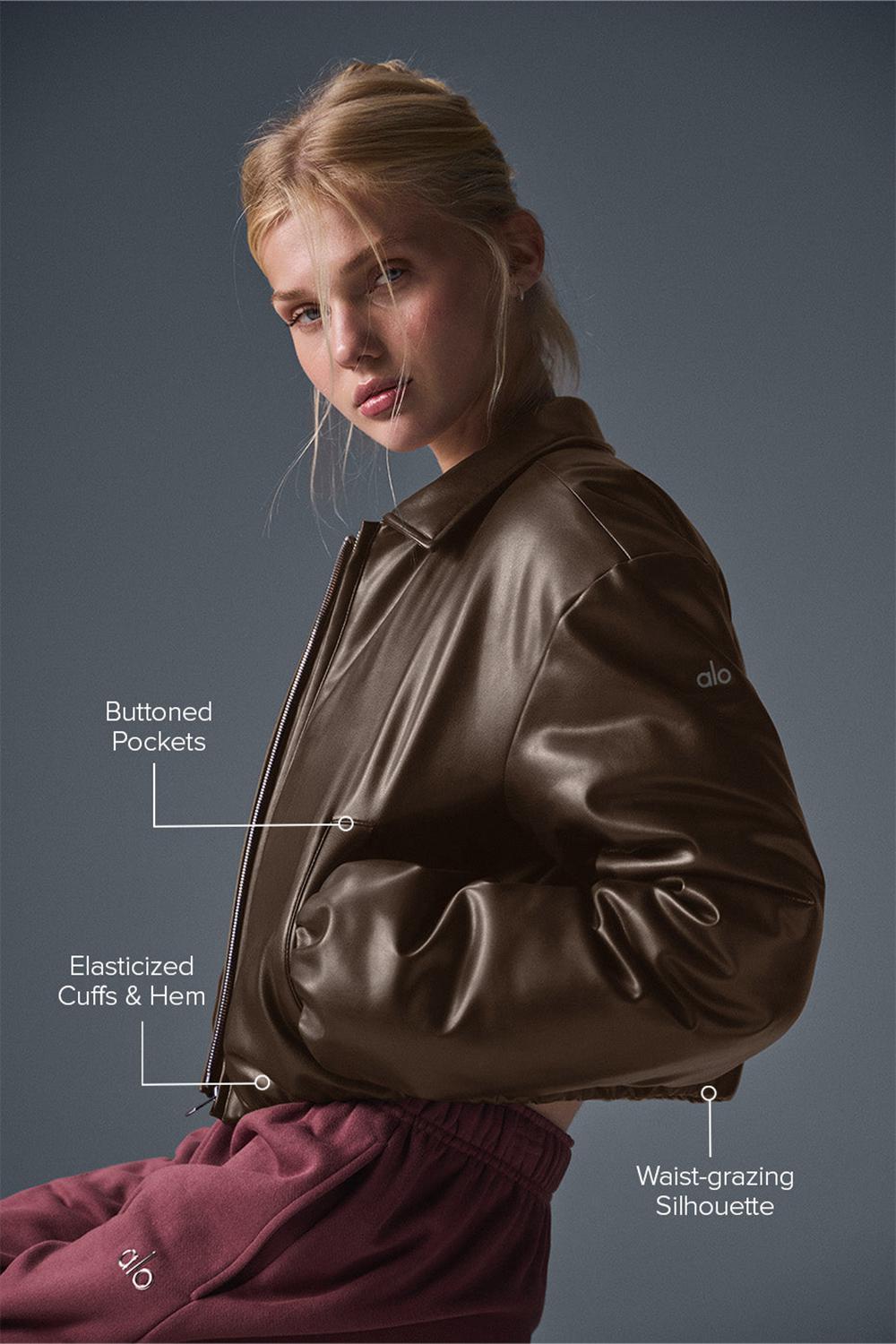 Women Alo Yoga Faux Leather Cropped Premier Bomber Jacket Espresso | India  75419-MKQG