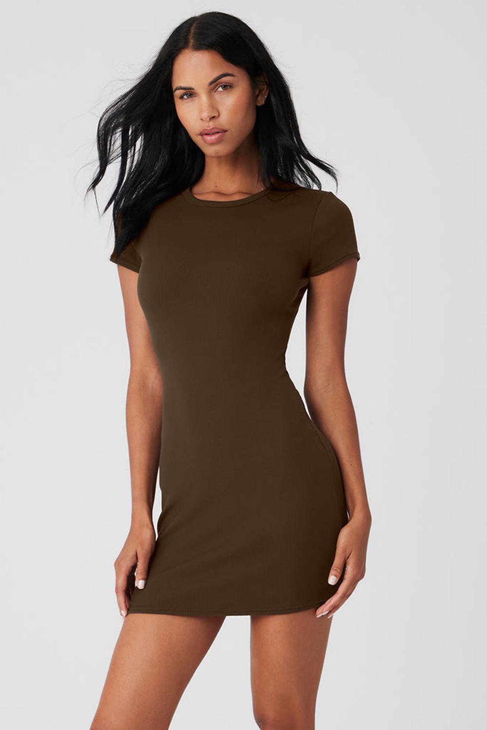 Women Alo Yoga Goddess Ribbed Short Sleeve Dress Espresso | India  91254-NTDS