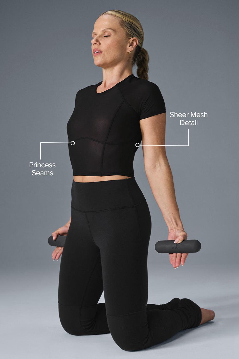 Women Alo Yoga Mesh Cropped Tempo Short Sleeve Black | India  56930-WCIX