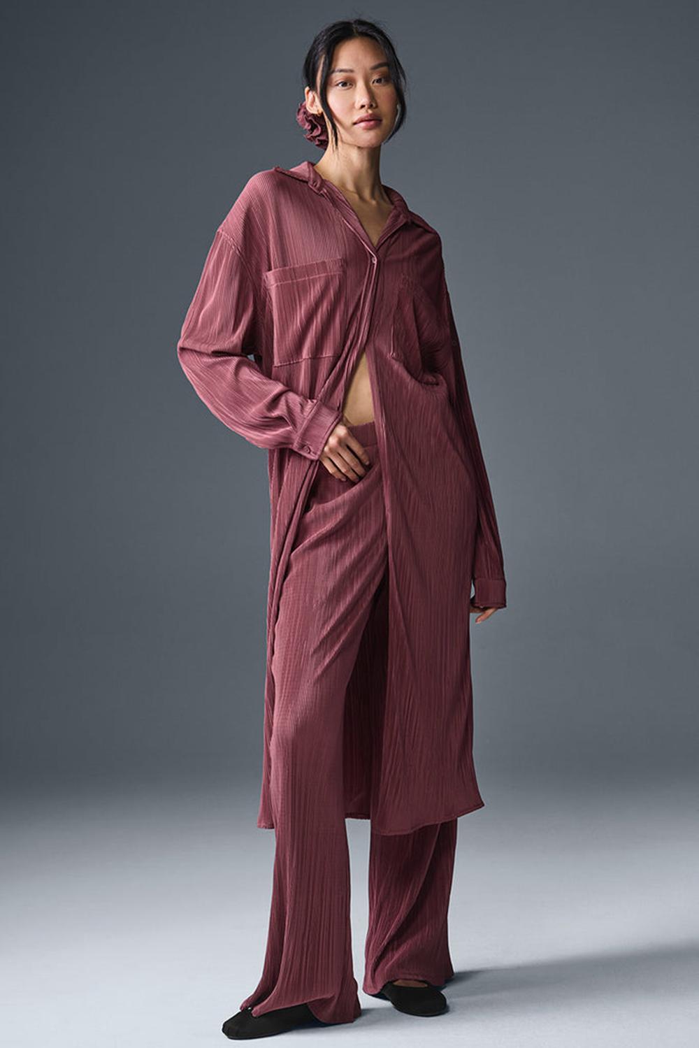 Women Alo Yoga Micro Plisse Shirt Dress Burgundy Truffle | India  02674-KIOB