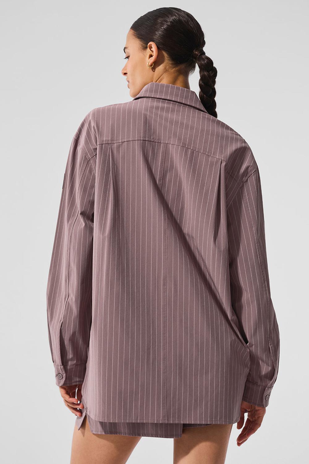 Women Alo Yoga Pinstripe Daylight Button Down Long Sleeve Mushroom / Ivory | India  72431-POLY