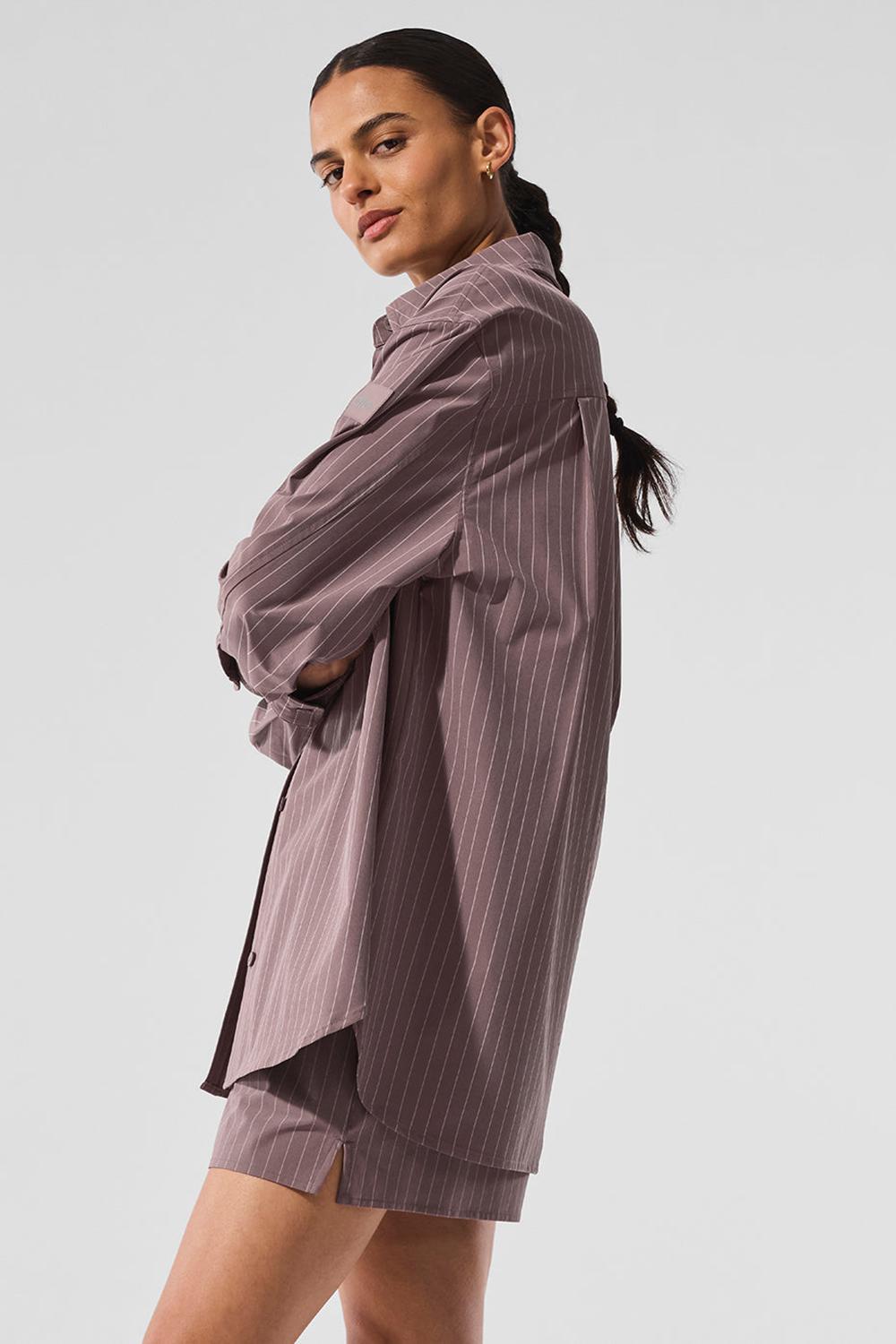 Women Alo Yoga Pinstripe Daylight Button Down Long Sleeve Mushroom / Ivory | India  72431-POLY