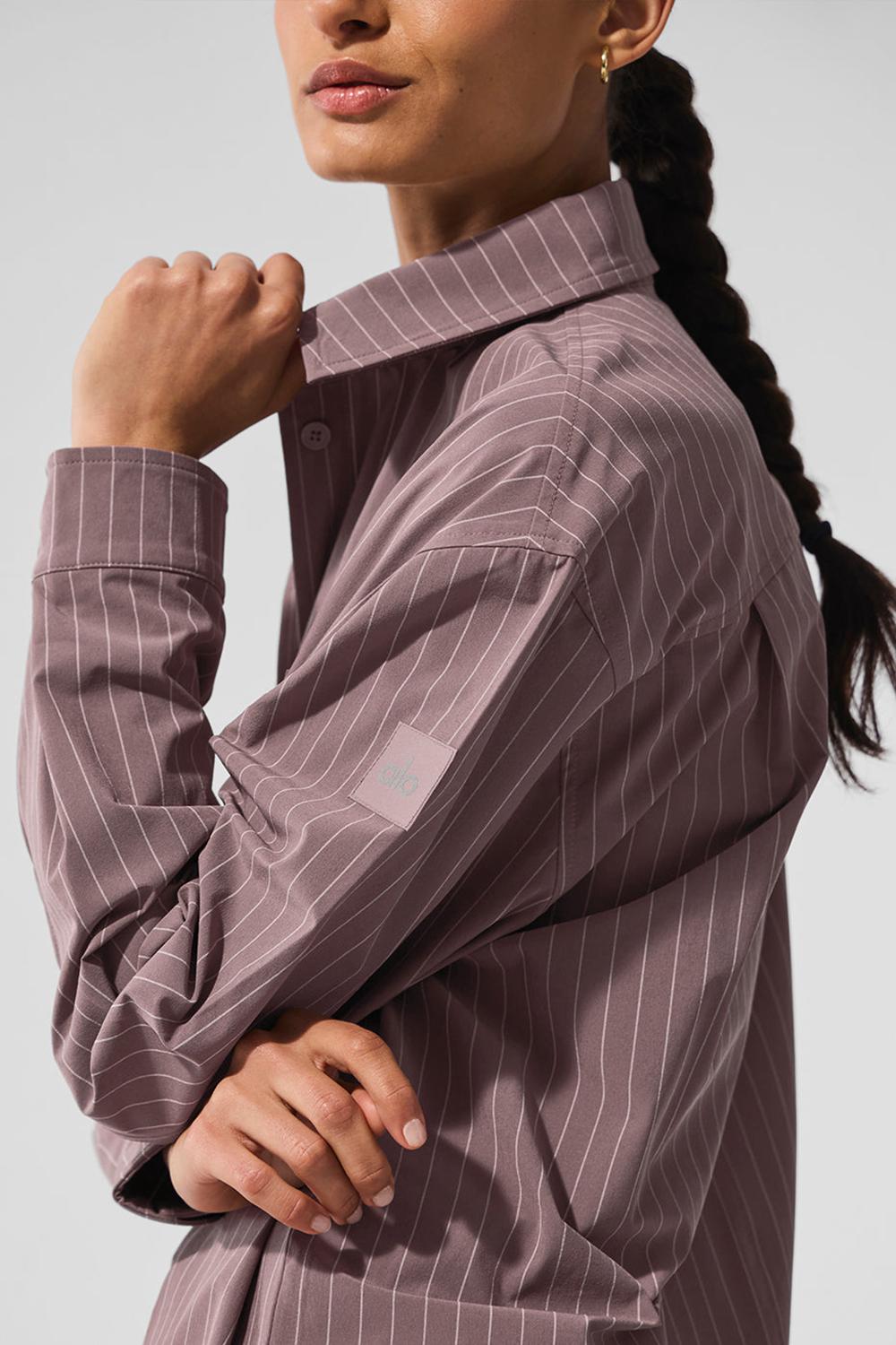 Women Alo Yoga Pinstripe Daylight Button Down Long Sleeve Mushroom / Ivory | India  72431-POLY