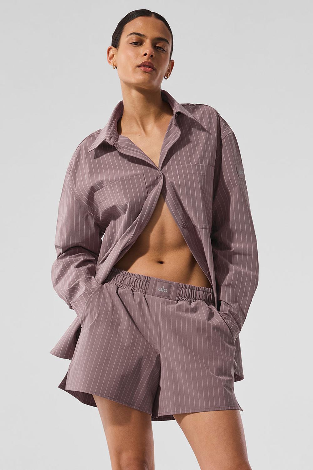 Women Alo Yoga Pinstripe Daylight Button Down Long Sleeve Mushroom / Ivory | India  72431-POLY