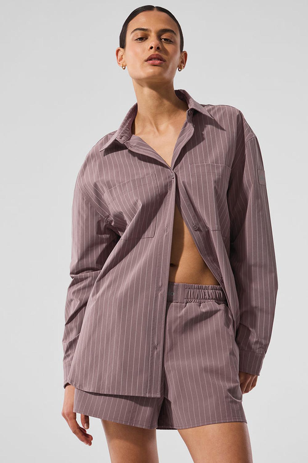 Women Alo Yoga Pinstripe Daylight Button Down Long Sleeve Mushroom / Ivory | India  72431-POLY