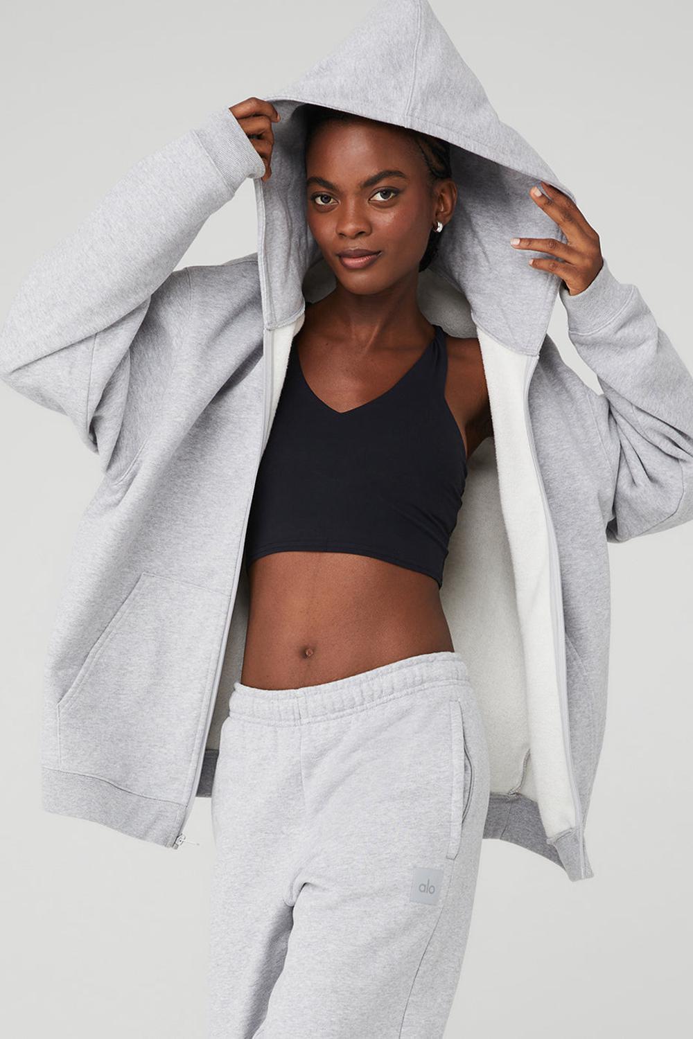 Women Alo Yoga Renown Heavy Weight Full Zip Hoodie Athletic Heather Grey | India  60298-MLDJ