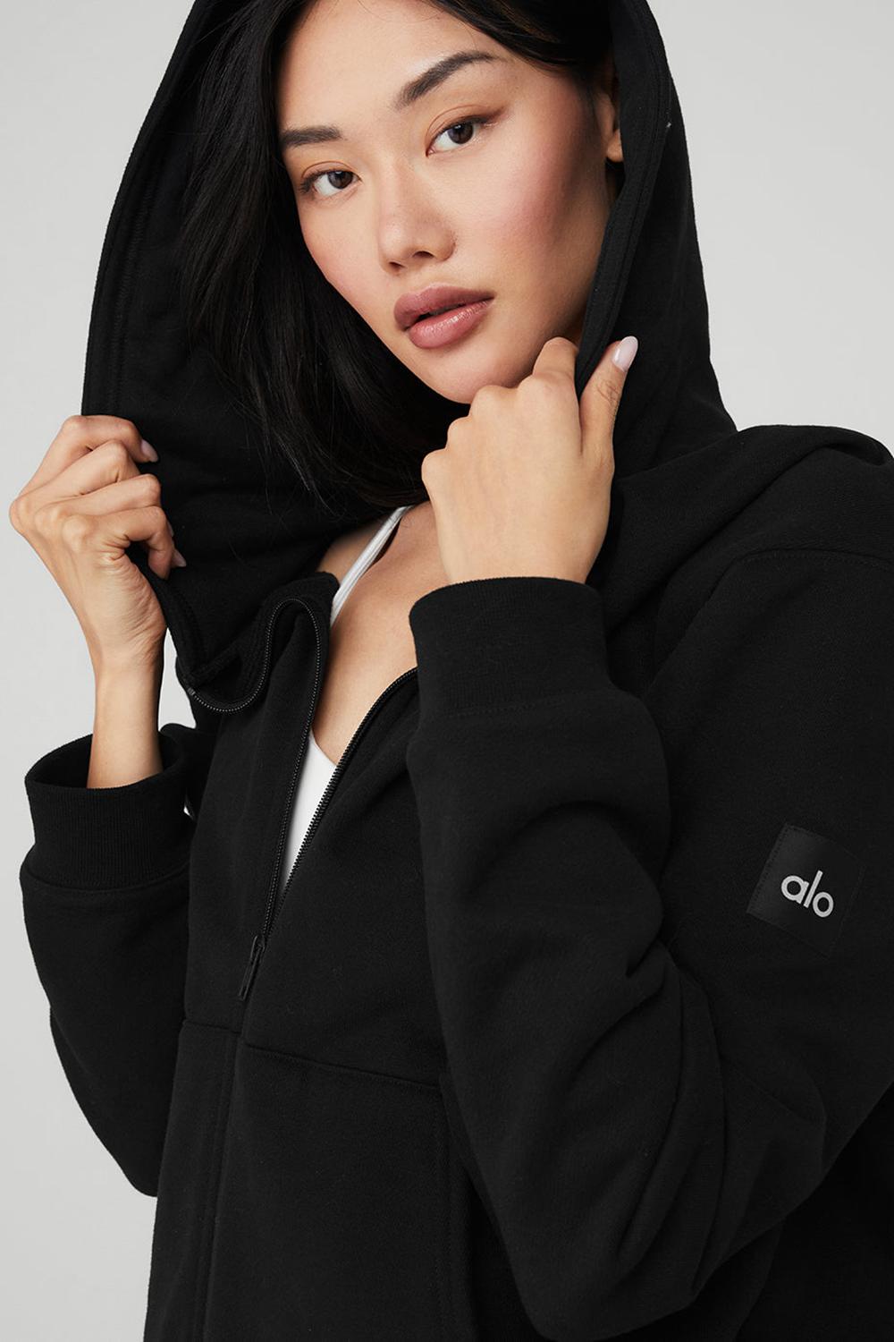 Women Alo Yoga Renown Heavy Weight Full Zip Hoodie Black | India  69450-WVZO