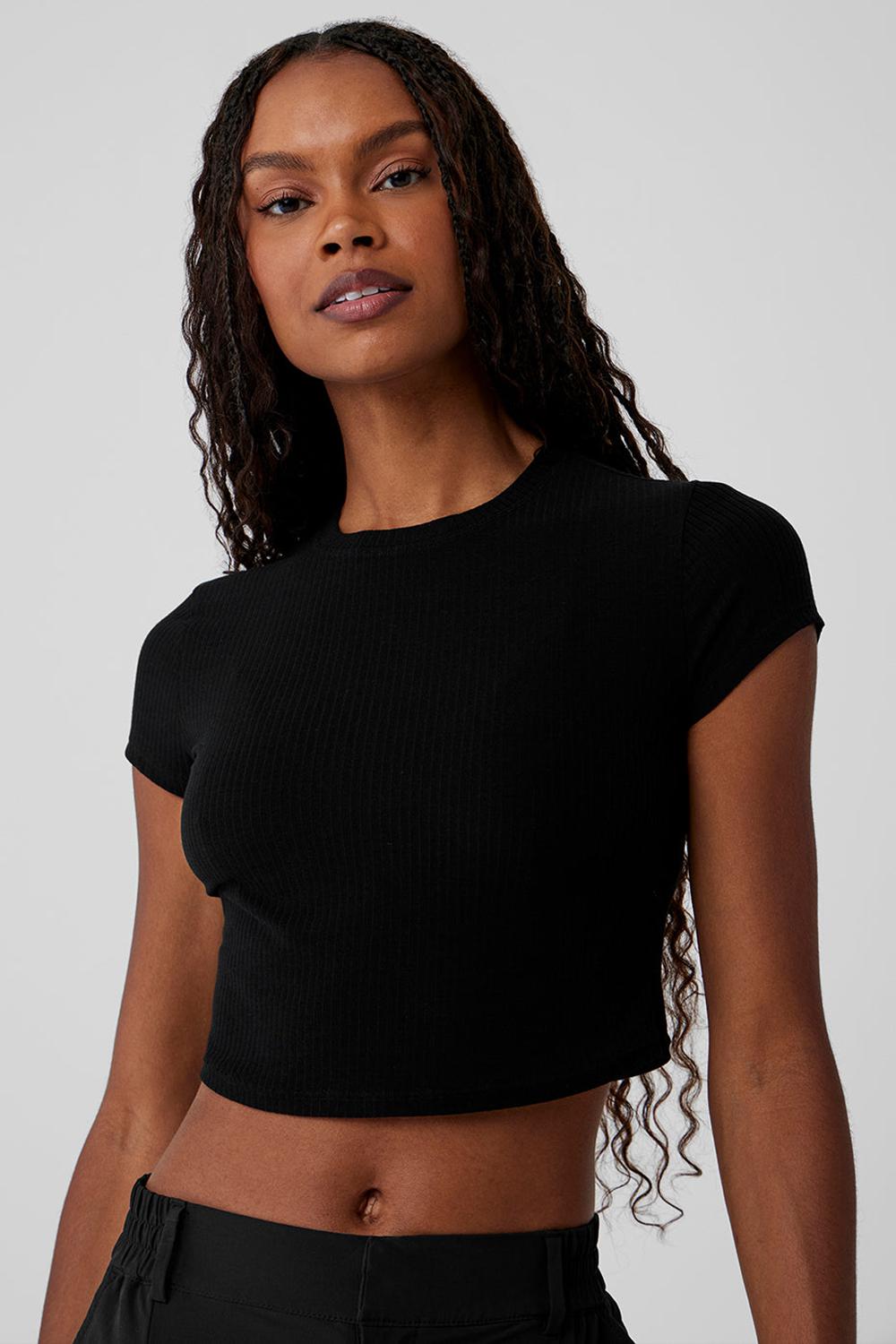 Women Alo Yoga Ribbed Sea Coast Cropped Sleeve Tee Black | India  89470-HSGN