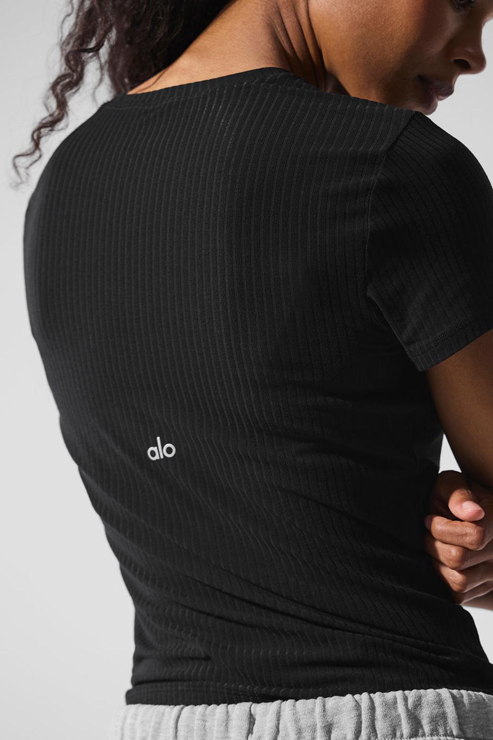 Women Alo Yoga Ribbed Sea Coast Tee Black | India  87524-LUJE