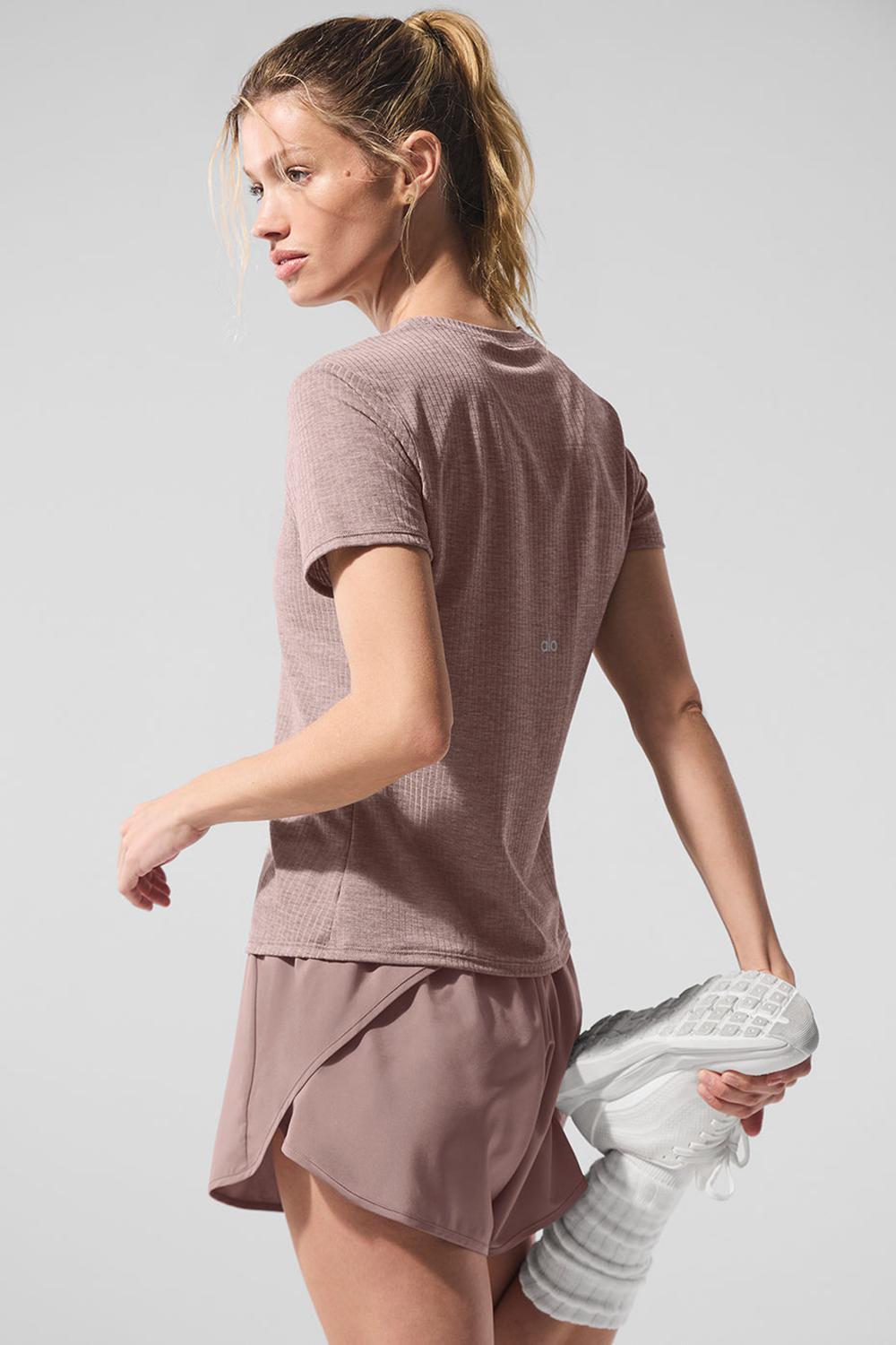 Women Alo Yoga Ribbed Sea Coast Tee Mushroom Heather | India  93702-MQWI