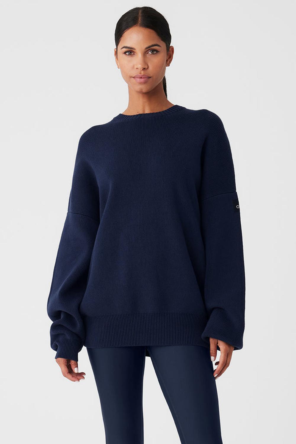 Women Alo Yoga Scholar Crew Neck Sweater Navy | India  39714-SLBA