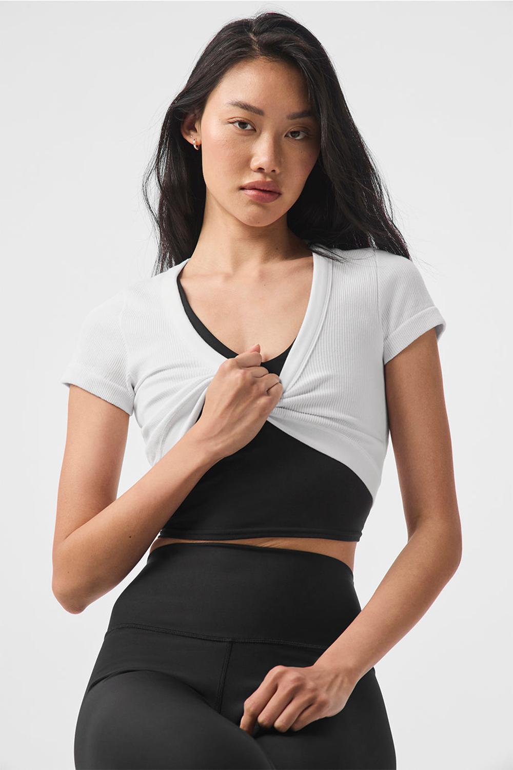 Women Alo Yoga Seamless Ribbed Cropped Serene Short Sleeve White | India  41290-CSXR