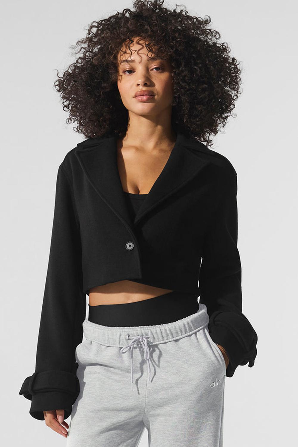 Women Alo Yoga Wool Cropped Metro Trench Coat Black | India  82465-MFLE